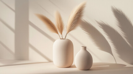 Fototapeta premium Sunlit Serenity: Pampas grass in minimalist ceramic vases, bathed in soft sunlight. A study in neutral tones and natural textures.