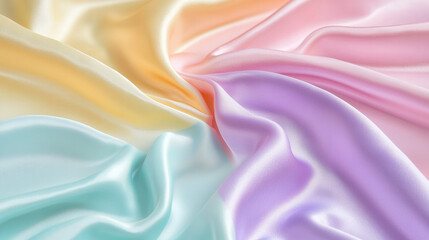 Obraz premium Pastel Dream: A delicate symphony of pastel colors dances on a smooth, luxurious satin fabric. Soft, ethereal hues of lavender, mint, peach, and yellow flow into each other.