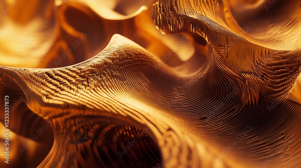 Poster abstract golden 3d render with smooth wave and textured details in a close up view