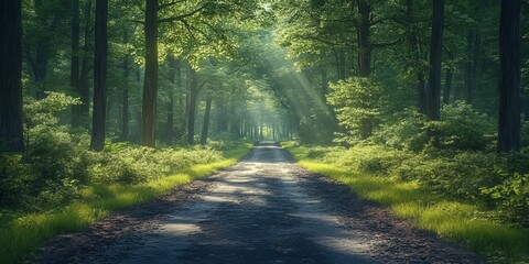 Obraz premium Serene Forest Road Under Sunlight in Realistic Photography Style