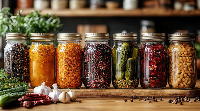 A Pantry of Flavors: A rustic countertop displays an assortment of mason jars filled with various spices and ingredients, inviting a symphony of culinary possibilities.  