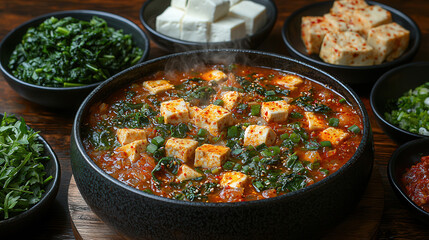 Spicy Mapo Tofu Delight: A steaming bowl of mapo tofu, a classic Sichuan dish, tantalizes the tastebuds with its fiery red sauce, soft tofu cubes, and aromatic green onions.