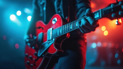 Naklejka premium Musician plays guitar onstage, concert lights