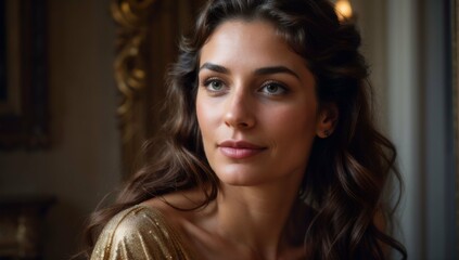 Naklejka premium A woman with long, wavy brown hair styled in loose waves.