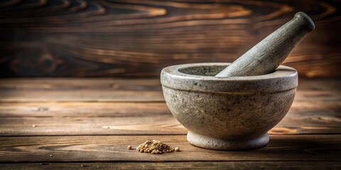 Closeup of a stone mortar and pestle, kitchen tool, grinding, spices, herbs, cooking, preparation, traditional