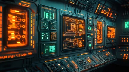 Obraz premium Futuristic spaceship control panel, glowing interface, dark background, sci-fi film use