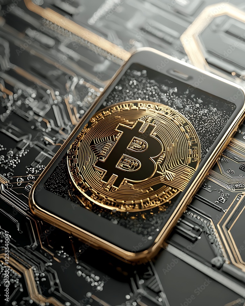 Poster golden bitcoin displayed on a smartphone screen resting on a circuit board.