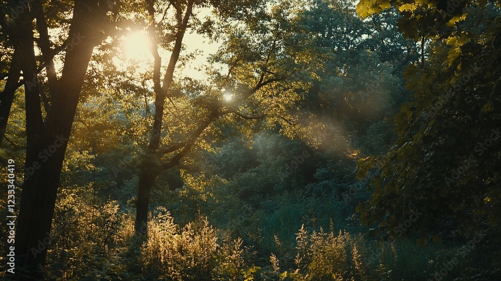 Poster sunlight filters through the leaves in a dense forest setting creating a tranquil scenery