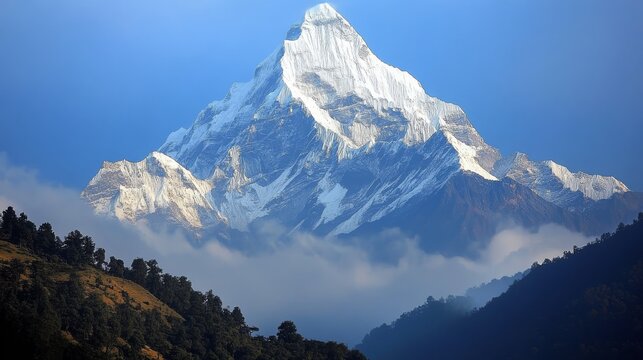 74.A stunning view of Adi Kailash, nestled in the remote Pithoragarh district of Uttarakhand. The majestic snow-covered peaks rise above the lush forests, with a clear river flowing nearby. The