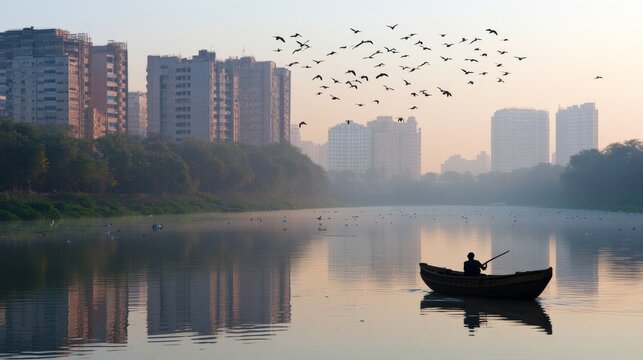 105.A tranquil scene on the River Yamuna in Delhi, with a man peacefully rowing a traditional wooden boat. The morning light casts a soft glow on the water, reflecting the colors of the sky.