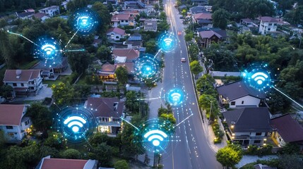 Aerial View of a Connected Smart City with Wi-Fi Signals overlayed on a suburban neighborhood