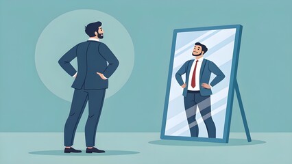 Fototapeta premium Confident Reflection – Businessman Seeing His Successful Future Self in the Mirror
