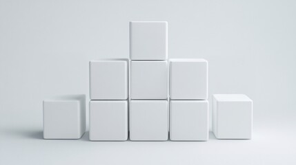 Mockup advertisement concept. Stacked white cubes arranged in a pyramid shape on a minimalistic background.
