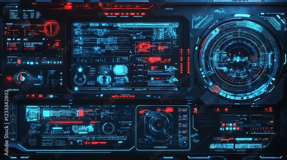 Poster futuristic data interface with holographic displays and cybernetic design elements