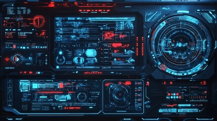 Obraz premium Futuristic Data Interface with Holographic Displays and Cybernetic Design Elements