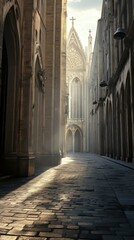 Fototapeta premium Sunlit cobblestone alley towards church