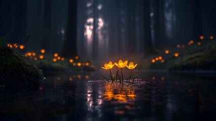 Fototapeta premium Glowing flowers in dark forest stream