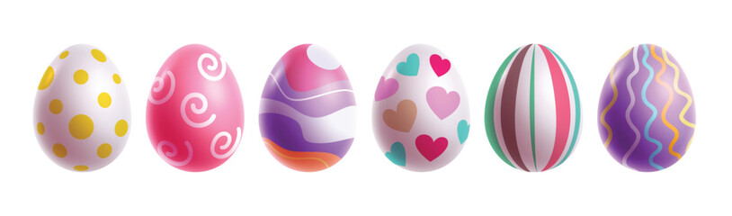 Eggs eater 3d colorful clipart set. Easter egg drawing with circle, spiral, heart and wave print and pattern collection. Vector illustration oval egg hunt clip art. 
