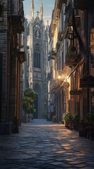 Fototapeta premium Sunlit Gothic alleyway in city