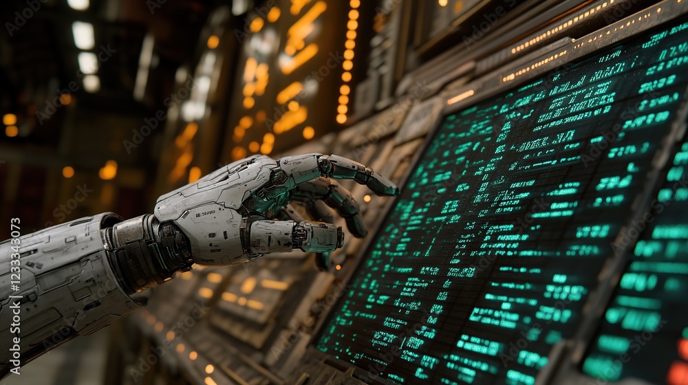 Poster robotic hand controls futuristic console in spaceship bridge