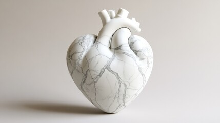 a white marble heart-shaped statue with soft gray veins, placed in the center of a subtle off-white background.