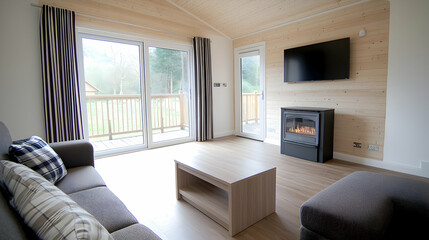 Fototapeta premium Modern cabin living room, forest view, fireplace, relaxation