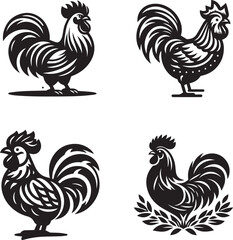 Set of Black Rooster Silhouettes - Vector Illustrations