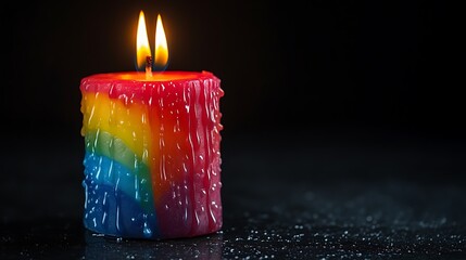A Melted Rainbow Candle Burns Brightly In Darkness