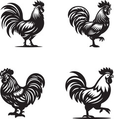 Set of Black Rooster Silhouettes - Vector Illustrations