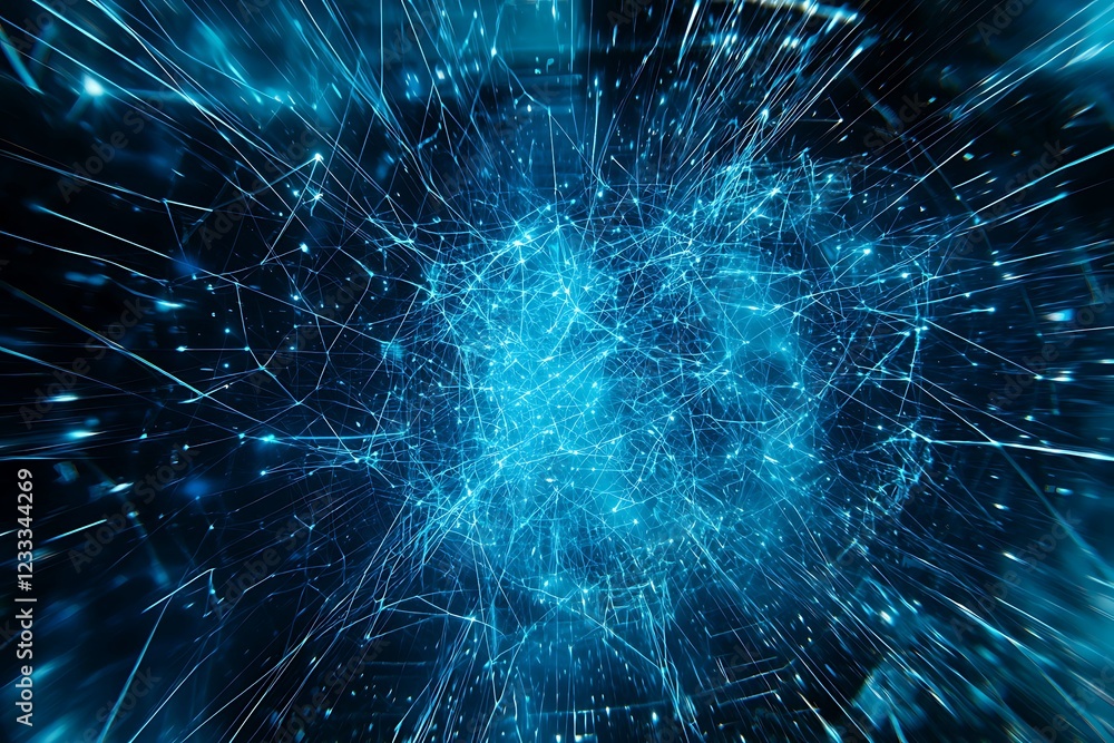 Poster abstract blue network: glowing lines and nodes in a 3d space
