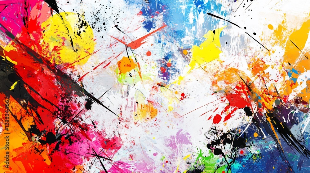 Poster abstract splash of vivid colors on white canvas with dynamic brush strokes and splatter