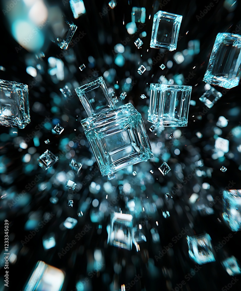 Poster aqua cubes exploding in a dark void