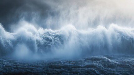 Ocean storm waves crashing, dramatic sky, coastal scene, nature background