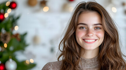 Obraz premium Smiling woman, Christmas background, festive season, holiday portrait