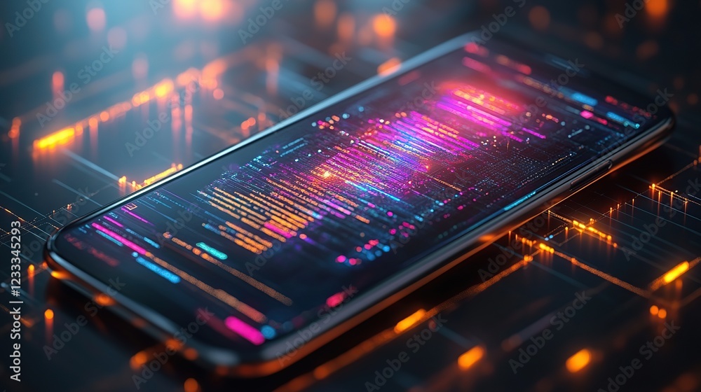 Poster smartphone displaying code on circuit board background