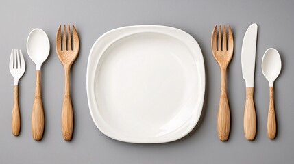 Mockup advertisement concept. A neatly arranged set of silverware and a white plate on a gray surface, perfect for dining or cooking presentations.