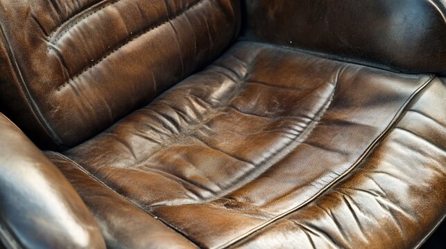 Close up shot of a worn and vintage brown leather chair showing texture and aged surface
