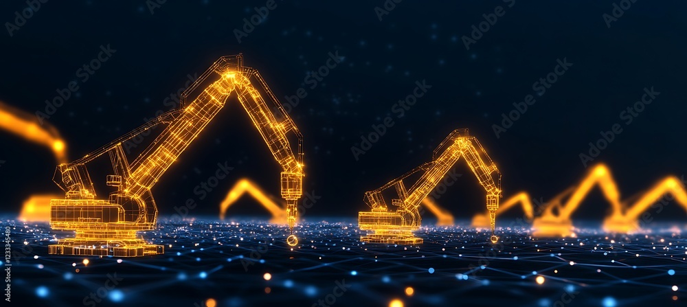 Poster wireframe robotic arms working on a digital network