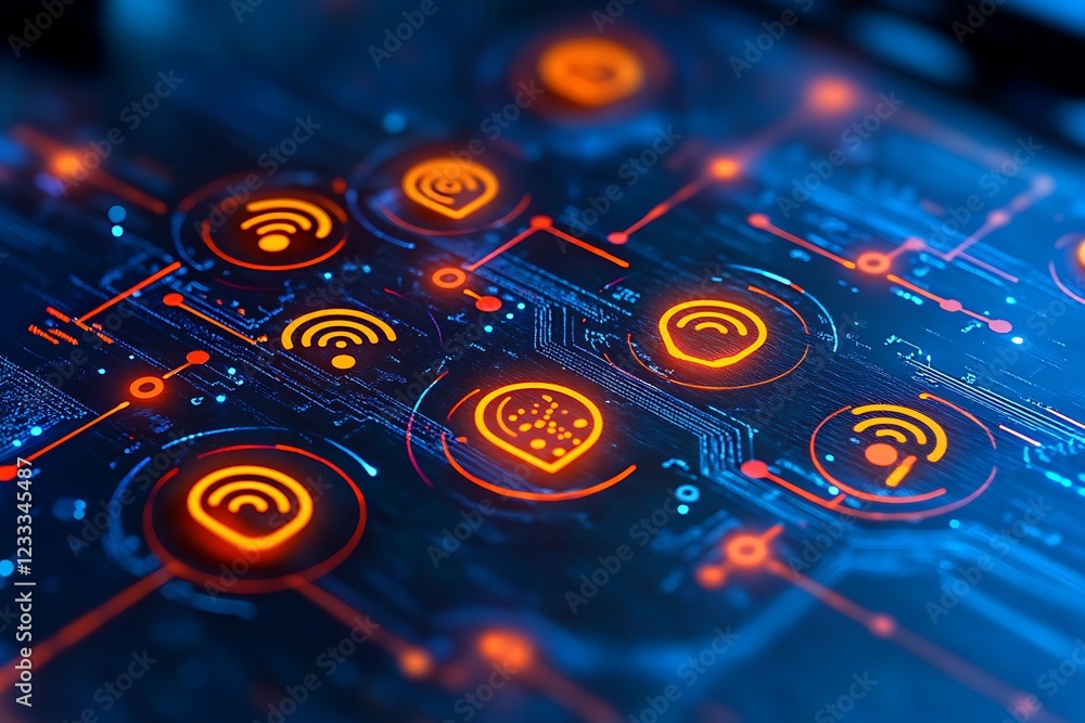 Poster abstract digital network with glowing wifi and location icons on circuit board.