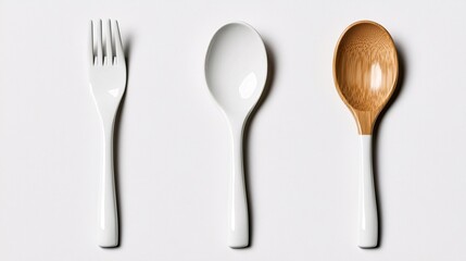 Mockup advertisement concept. Cutlery arrangement featuring a white fork, white spoon, and wooden spoon on a minimalistic surface.