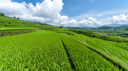 Fototapeta premium Lush green rice terraces under a blue sky, mountains in background, rural landscape, agricultural scene