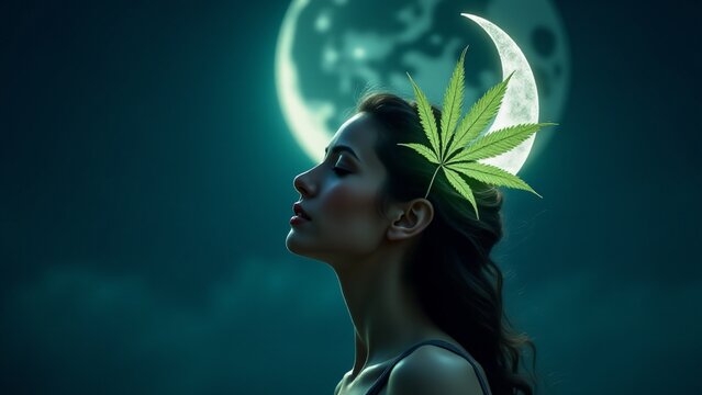 Selene with a glowing cannabis crescent moon on her forehead, illuminating the night sky, symbolizing the divine connection between nature, the cosmos, and tranquility.