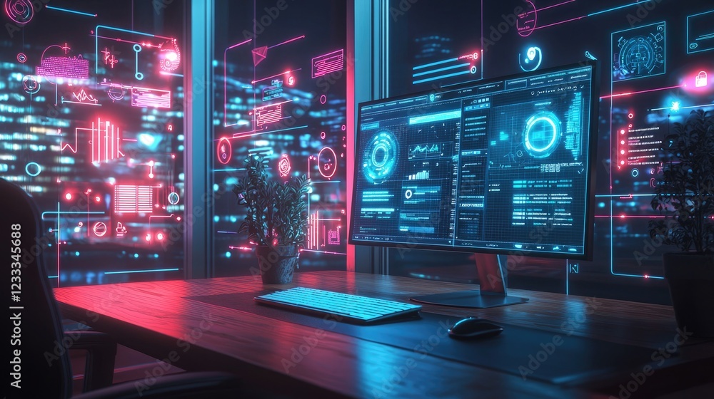 Poster neon digital workspace with futuristic tech setup with data visualization