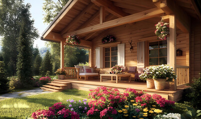 Fototapeta premium A warm wooden chalet with a front terrace and potted plants, offering a tranquil and rustic ambiance