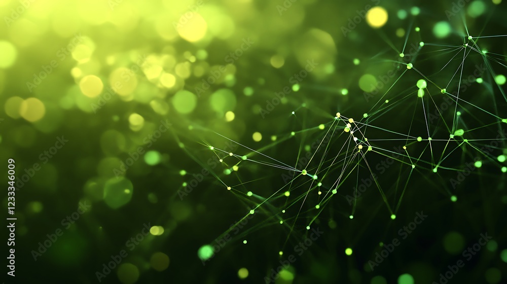 Poster abstract green network: illuminated nodes and connections in a bokeh background