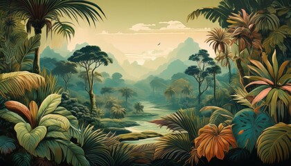 Vintage Tropical Jungle Landscape A Lush Retro Escape Amidst Verdant Greenery and Exotic Wildlife at Dusk