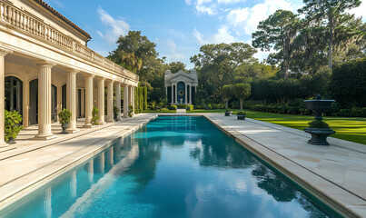 A stunning marble-clad pool with crisp azure water, providing a luxurious and peaceful oasis