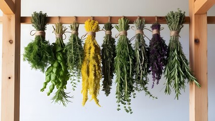 Fresh Herbs Drying on Wooden Rack in Kitchen, Green, Yellow, Purple