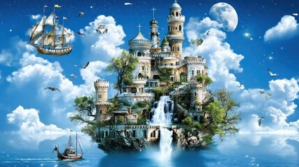 Obraz premium Enchanted Island Castle: A Fantasy Seascape