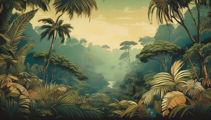 Vibrant Lush Jungle Landscape A Retro Glimpse into a Tropical Oasis at Dusk, Featuring Rich Greens and Abundant Flora, Perfect for Nature and Travel Enthusiasts.